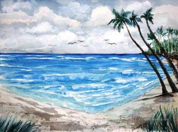 plage Tableau Peinture - plage de palmiers et d’oiseaux